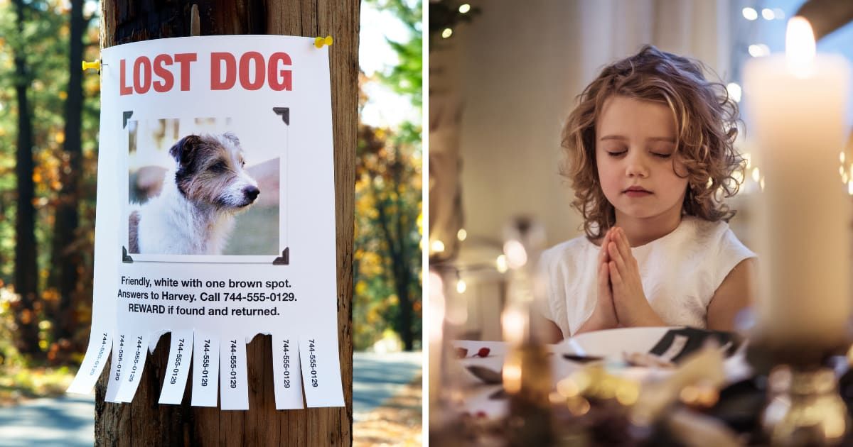 (L) Missing dog poster. (R) Little girl praying. (Representative Cover Image Source: Getty Images | (L) Jeffrey Coolidge, (R) Halfpoint)