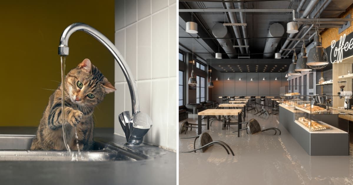 (L) Cat playing with water in sink. (R) Flooded cafe. (Representative Cover Image Source: Getty Images | (L) PicturePartners, (R) onurdongel)