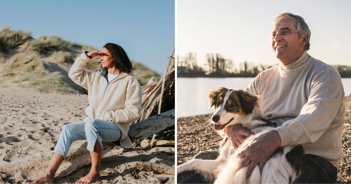(L) A woman looking for someone on beach. (R) A man sitting with his dog on beach. (Representative Cover Image Source: Getty Images | (L) Catherine falls commercial, (R) Westend61)