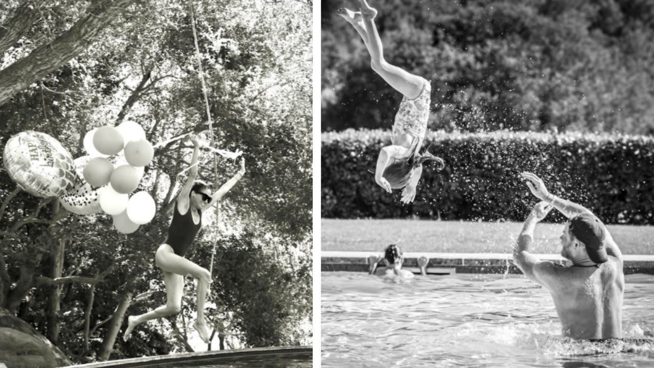 (L) Meghan Markle jumping in the swimming pool with birthday balloons, (R) Prince Harry flipping Princess Lilibet in the pool