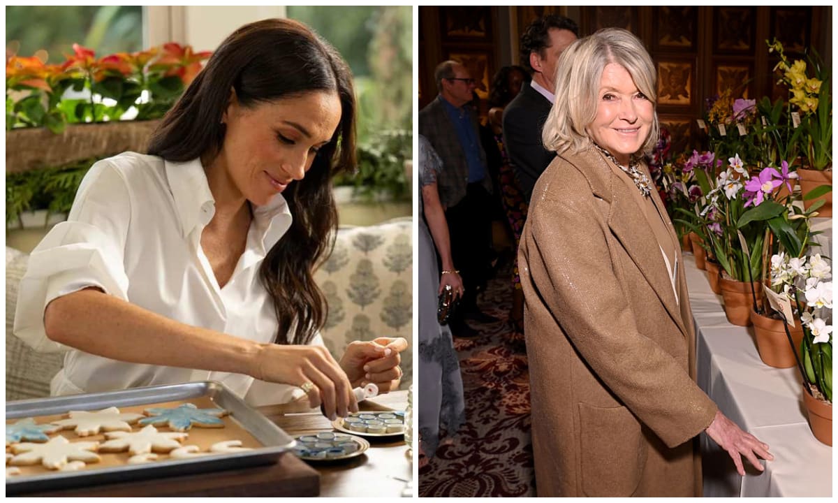 (L) Meghan Markle in With Love, Meghan: Holiday Celebration; (R) Martha Stewart visits the orchid sale during cocktail hour at The New York Botanical Garden