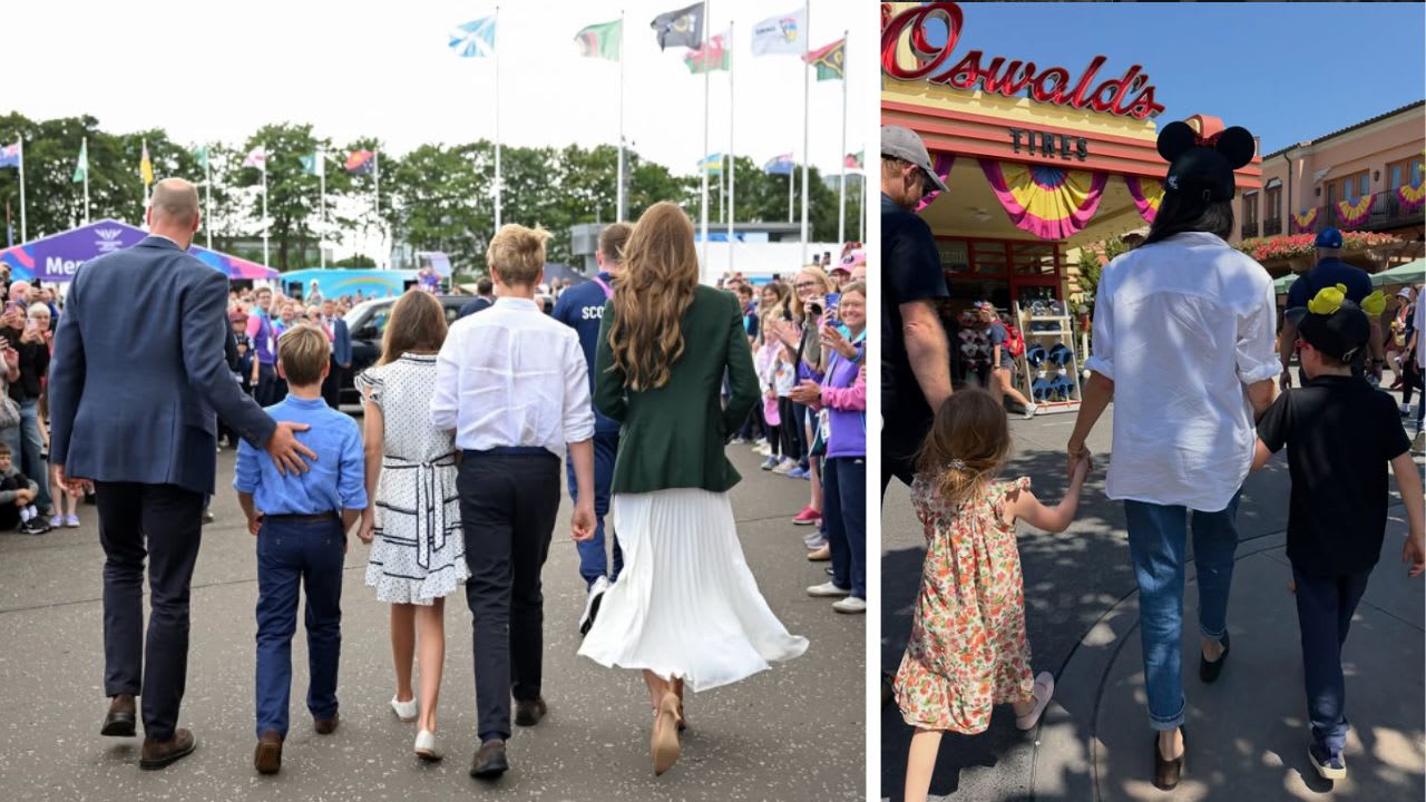 (L) Kate Middleton and Prince William with their three kids at 2026 Commonwealth Games in Glasgow, (R) Meghan Markle and Prince Harry walking in Disneyland with their children