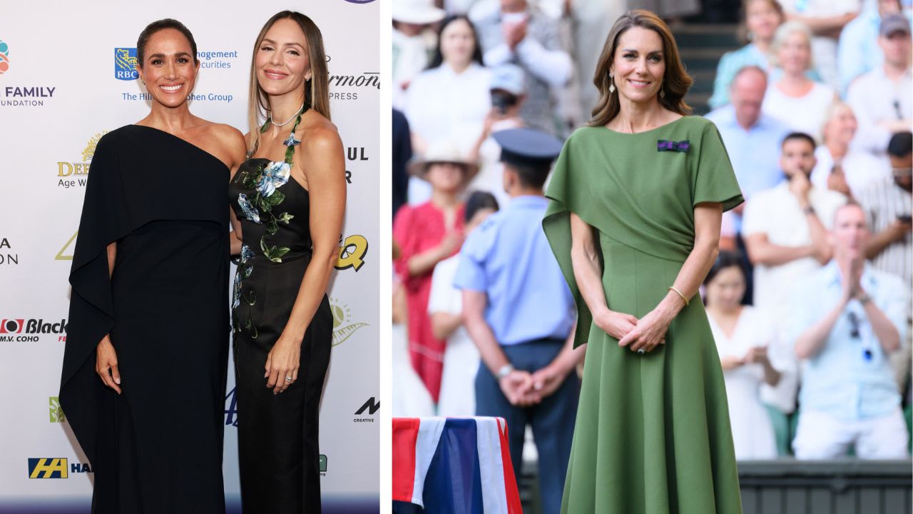(L) Meghan Markle and Katharine McPhee attend the David Foster Foundation 40th Anniversary Celebration, (R) Kate Middleton at the 2026 Wimbledon men's final