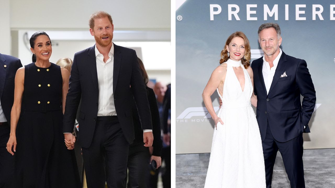 (L) Meghan Markle and Prince Harry visiting a hospital during their 2026 Australia tour, (R) Christian Horner and Geri Halliwell-Horner attending the 'F1' movie premiere