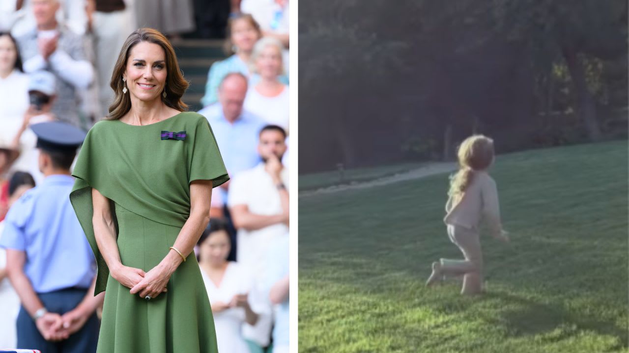 (L) Princess Kate at the 2026 Wimbledon men's final, (R) Princess Lilibet running in the lawn (Image Source: (L) Getty Images I  Karwai Tang/WireImage, (R) Instagram I @meghan)
