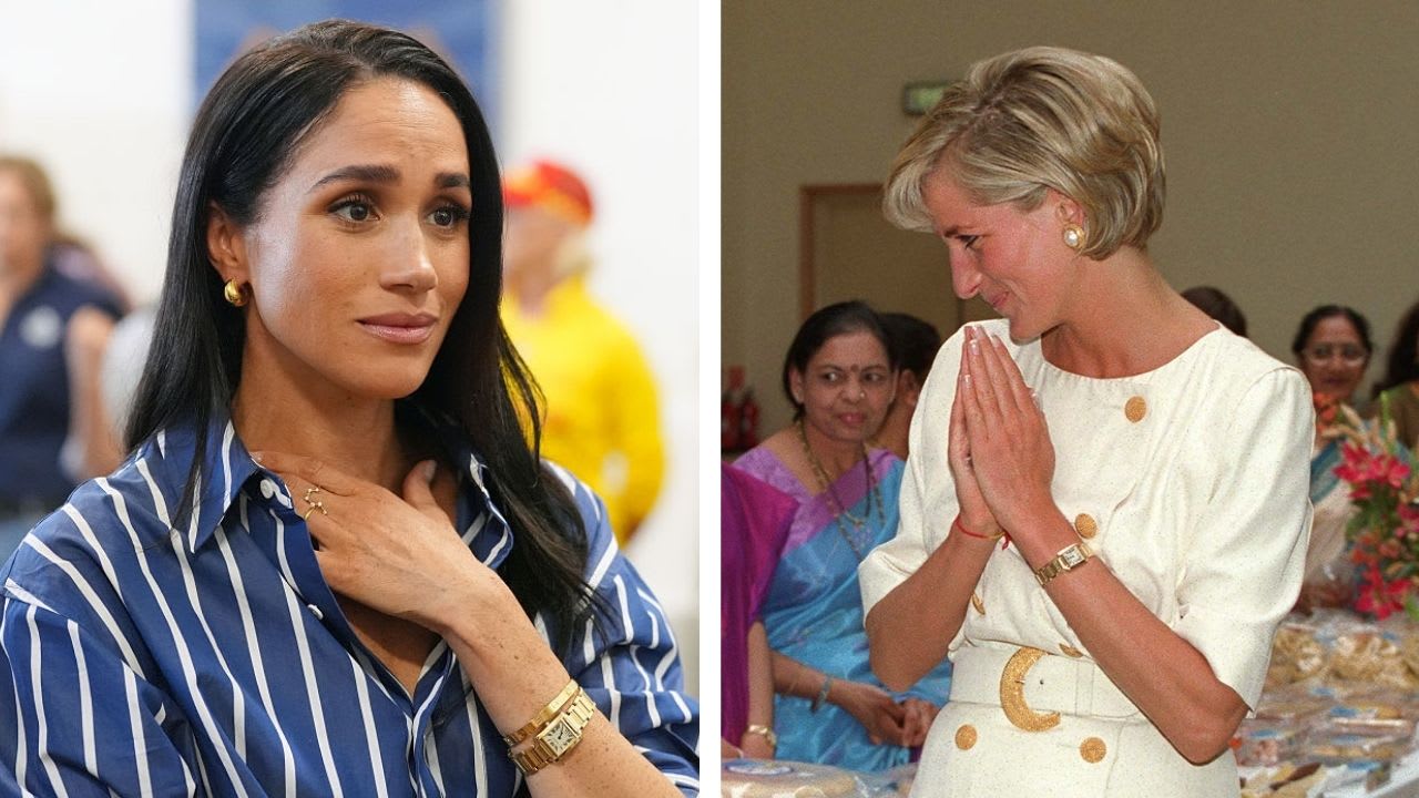 (L) Meghan Markle at Bondi Beach during their 2026 Australia tour, (R) Princess Diana at Shri Swaminarayan Mandir in 1997