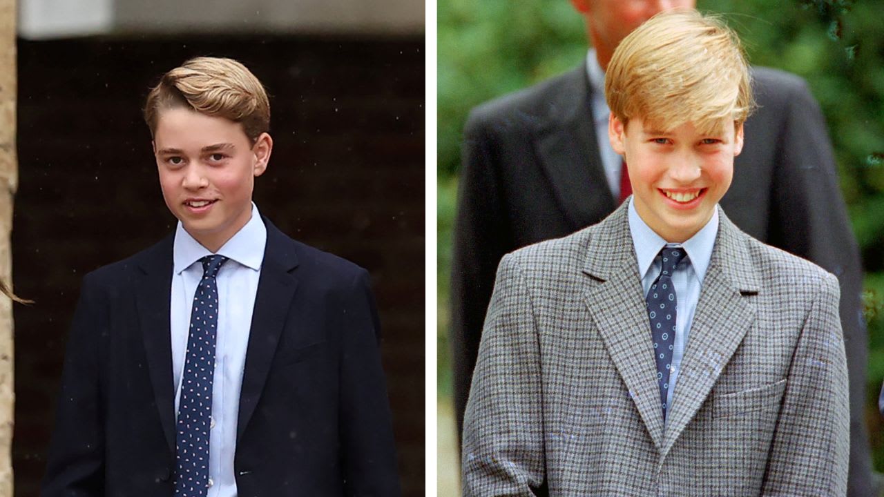 (L) Prince George on his first day at Eton College, (R) Prince William arrives at Eton College for the first time in 1995