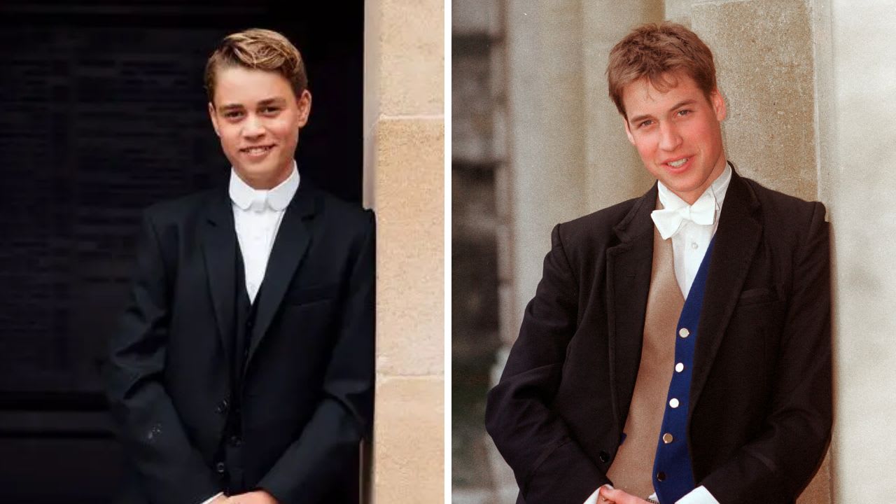 (L) Prince George in his Eton College uniform, (R) Prince William poses wearing his Eton College uniform (Image Source: (L) Kensington Palace | Matt Porteous, (R) Getty Images | Tim Graham Photo Library)