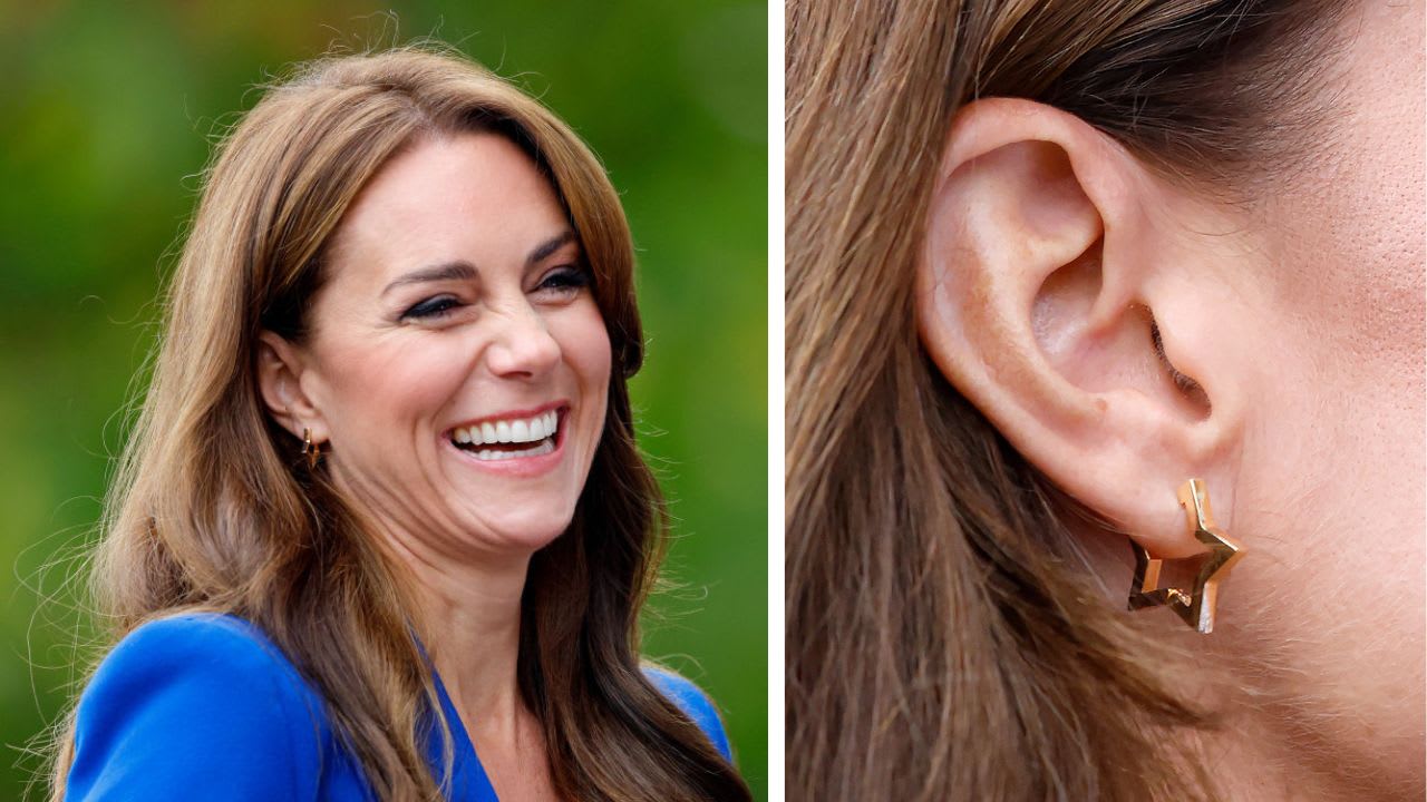 (L) Kate Middleton attends a SportsAid mental fitness workshop on 2023 World Mental Heath Day, (R) Kate Middleton wearing the star-shaped earrings from Issy Star