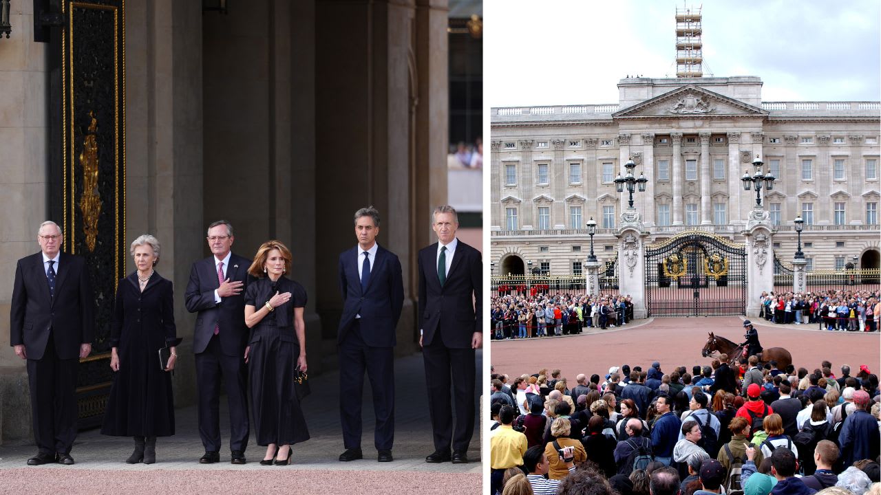 (L) The Duke and Duchess of Gloucester paying tribute to the 9/11 tragedy at Buckingham Palace, (R) Crowds gathered outside Buckingham Palace on September 11th, 2001