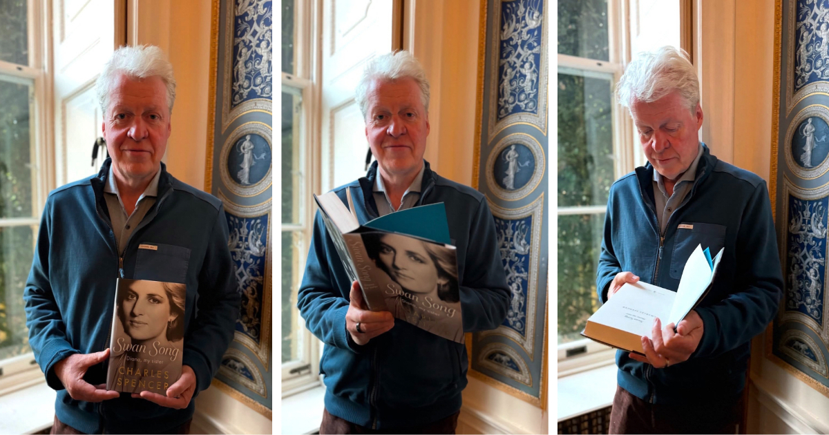 Charles Spencer reading from and showing off his upcoming book, Swan Song: Diana, My Sister. (Image Source: Instagram | @charles.earl.spencer)
