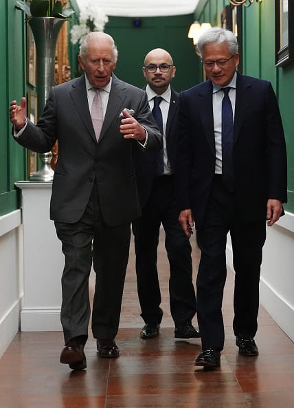 Britain's King Charles III (L) walks with DeepMind's Demis Hassabis (C) and Nvidia chief executive Jensen Huang (R) to attend a conference of leaders from the artificial intelligence (AI) sector and government at Dumfries House in Cumnock, Scotland on September 17, 2026. The king was to expected to urge tech giants to ensure that artificial intelligence is geared to serve humanity and that mankind does