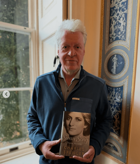 Charles Spencer with his upcoming memoir, 'Swan Song: Diana, My Sister.' Image Source: (L-R) Instagram | @charles.earl.spencer