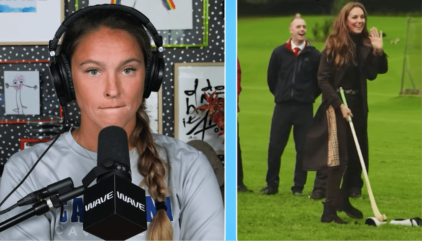Kylie Kelce reacting to Kate Middleton playing shinty (Image Source: YouTube | Not Gonna Lie with Kylie Kelce)