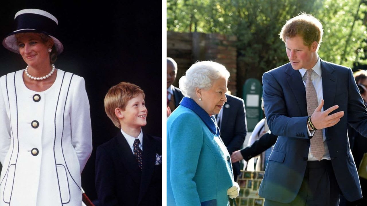 (L) Princess Diana and Prince Harry during a royal event, (R) Prince Harry speaks to Queen Elizabeth at the Chelsea Flower Show