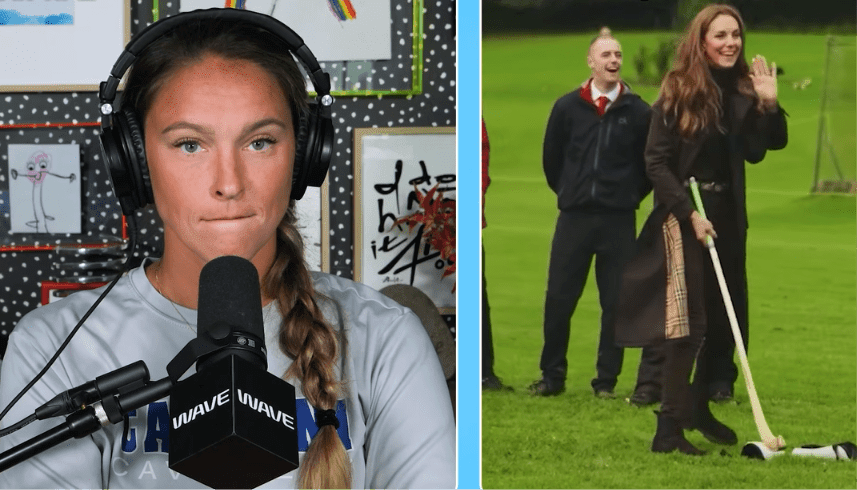 Kylie Kelce reacting to Kate Middleton playing shinty (Image Source: YouTube | Not Gonna Lie with Kylie Kelce)