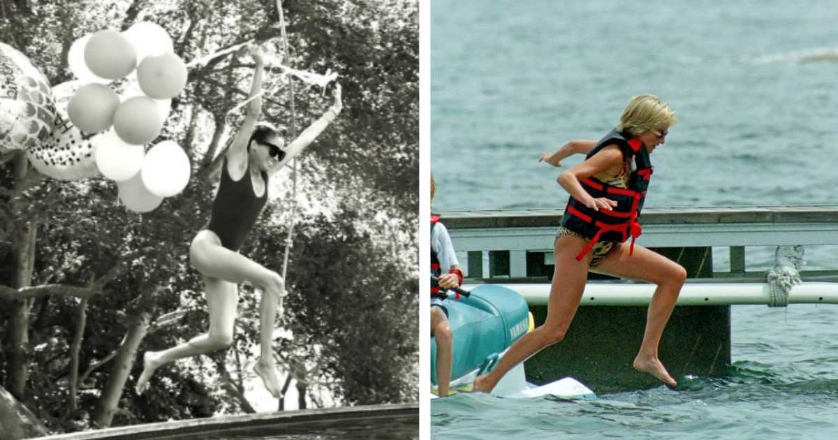 (L) Meghan Markle leaping into the swimming pool in her 45th birthday post; (R) Princess Diana jumping off a jet ski in St. Tropez. Cover Image Source: (L) Instagram | @meghan; (R) Getty Images | Ken Goff