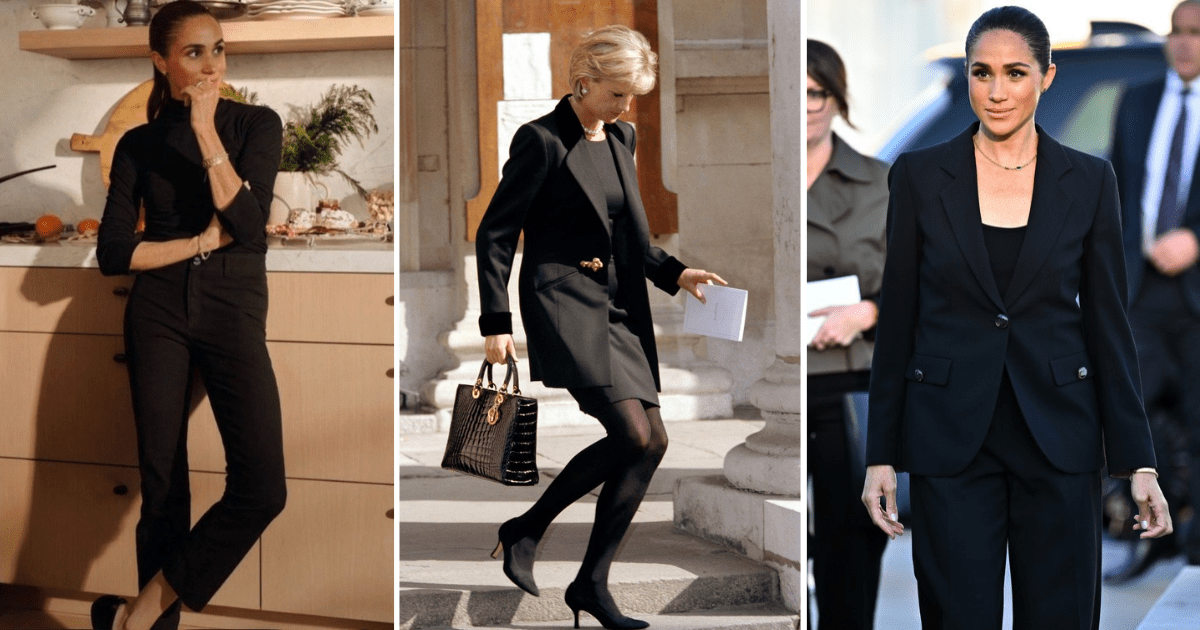 (L) Meghan Markle standing in her kitchen. (M) Princess Diana Attends A Memorial Service For Terence Donovan. (R) Meghan Markle attends the inauguration of the Lost Screen Memorial. (Image Source: (L) Instagram | @meghan; Getty Images | (M) Antony Jones/UK Press; (R) Harold Cunningham